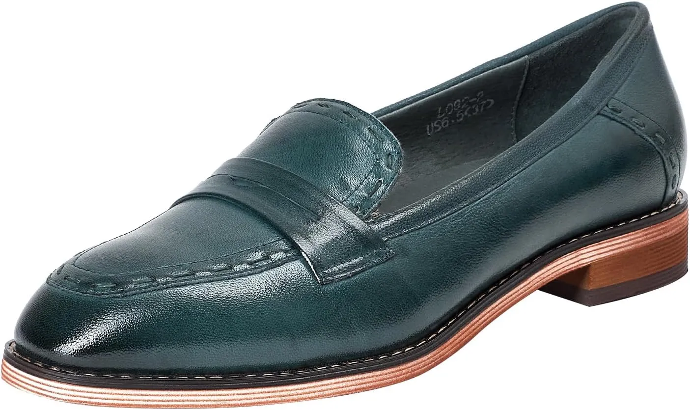 Mona flying Women's Leather Penny Loafers Slip On Flats Office Ladies Casual Shoes