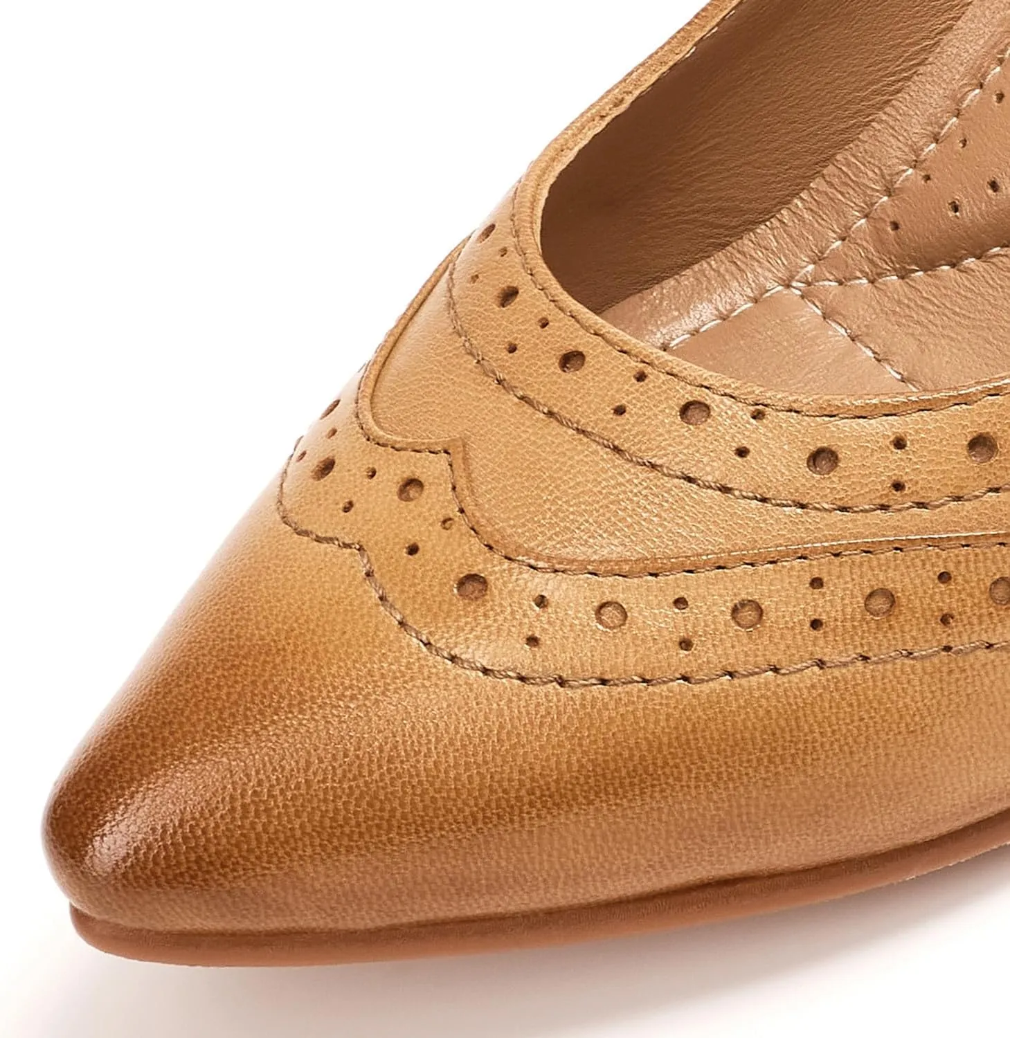Mona flying Women's Leather Pointed Toe Vintage Brogue Pumps Slip On Mid Heels Dress Shoes for Ladies