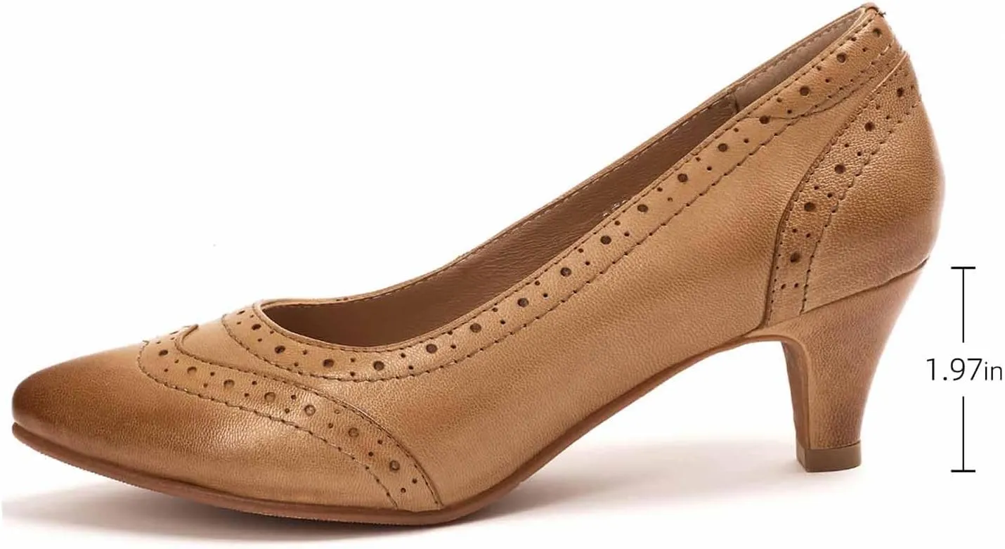 Mona flying Women's Leather Pointed Toe Vintage Brogue Pumps Slip On Mid Heels Dress Shoes for Ladies