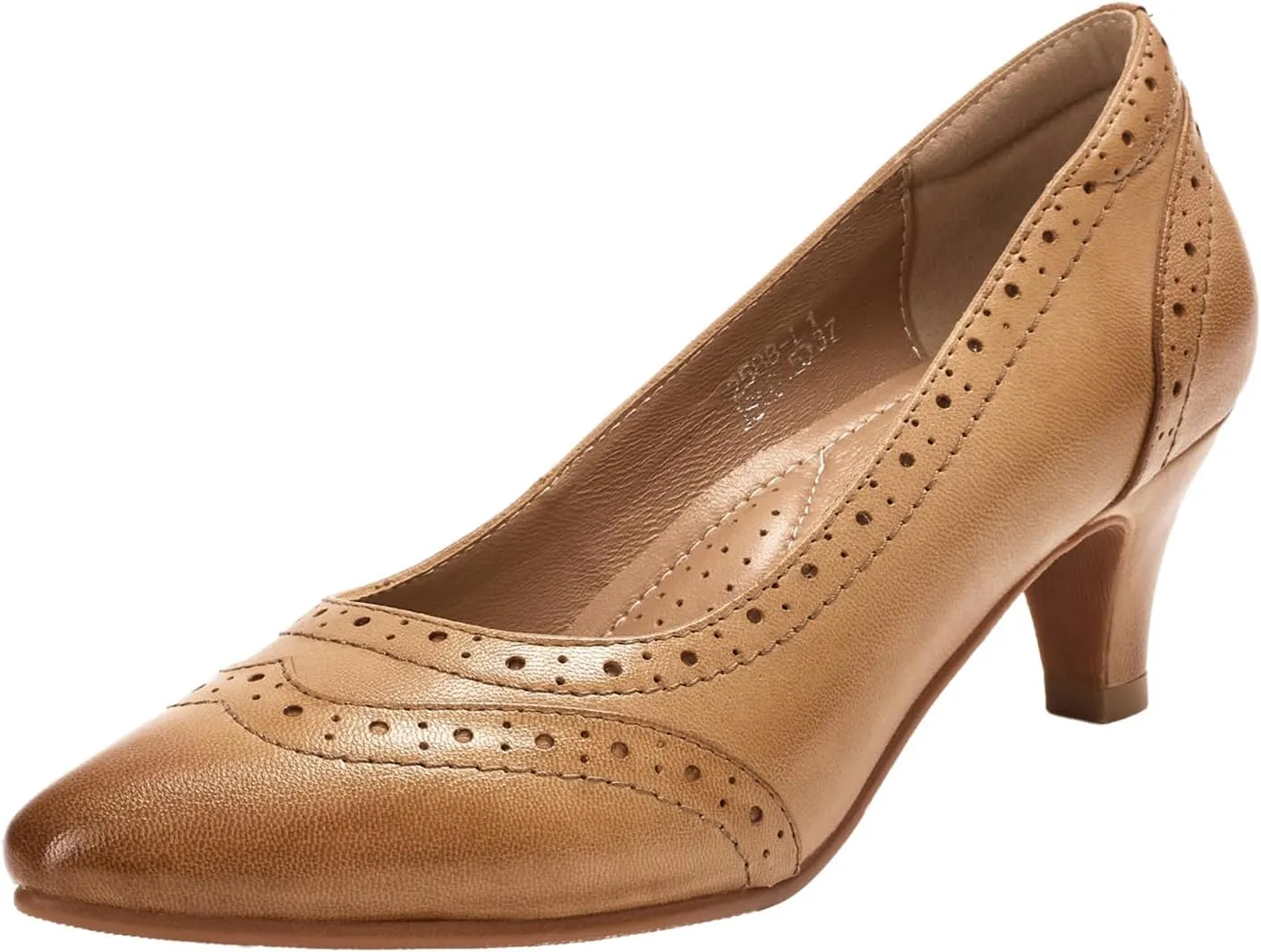Mona flying Women's Leather Pointed Toe Vintage Brogue Pumps Slip On Mid Heels Dress Shoes for Ladies
