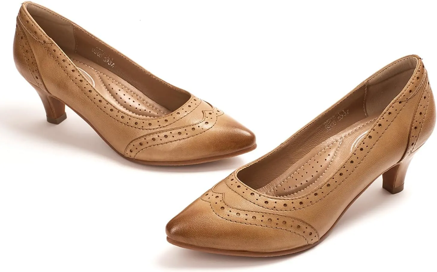 Mona flying Women's Leather Pointed Toe Vintage Brogue Pumps Slip On Mid Heels Dress Shoes for Ladies
