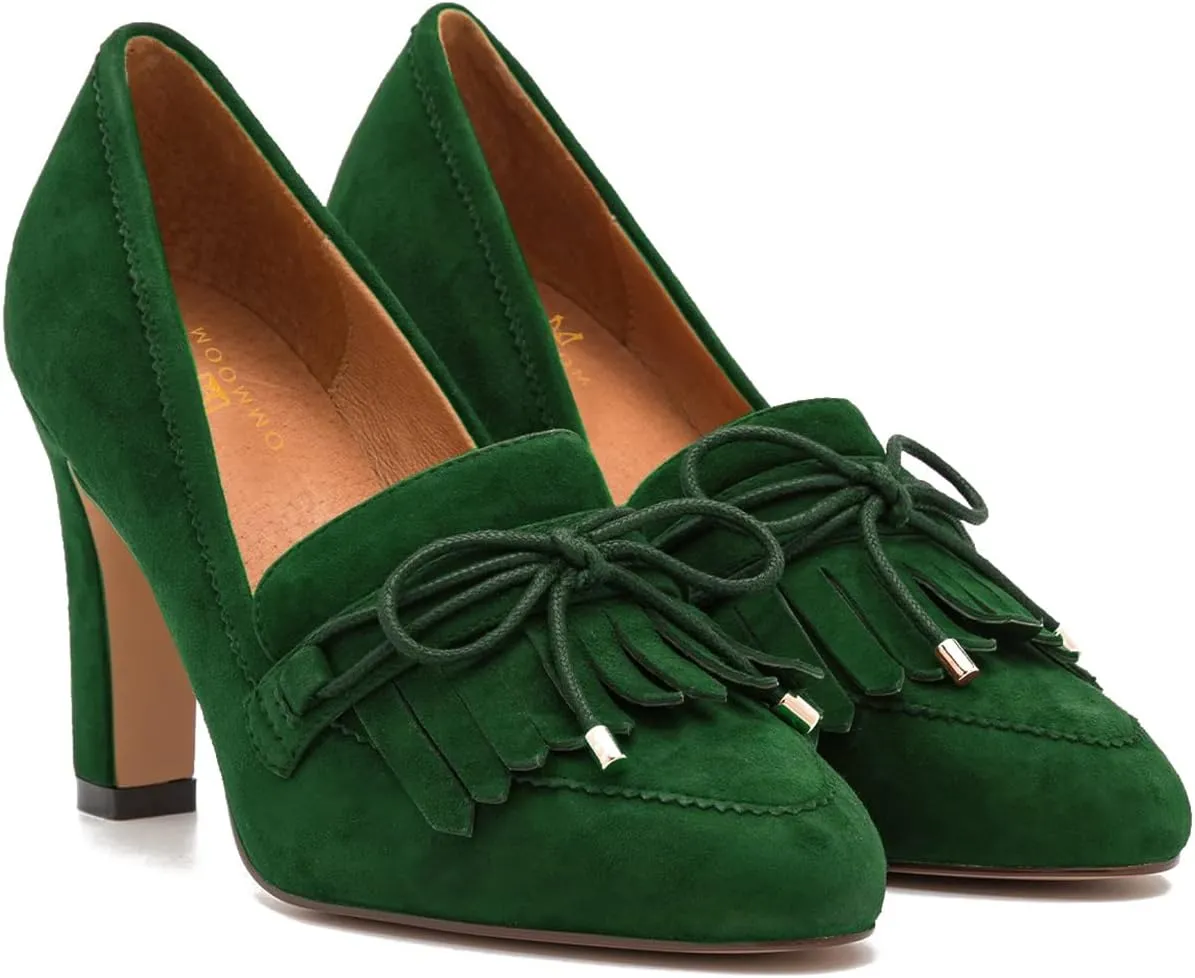 MOOMMO Women High Chunky Heel Loafers Bow & Fringe Pumps Closed Round Toe Slip On Tassel Loafers 3 Inch Block Heel Suede Oxford Shoes for Office Ladies Work Business Party Dress Shoes Spring 4-11 M US