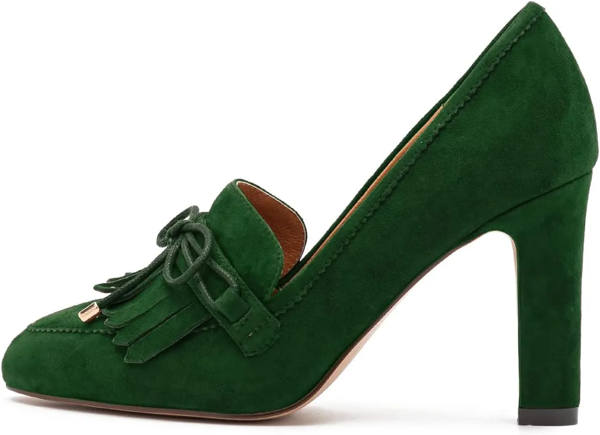 MOOMMO Women High Chunky Heel Loafers Bow & Fringe Pumps Closed Round Toe Slip On Tassel Loafers 3 Inch Block Heel Suede Oxford Shoes for Office Ladies Work Business Party Dress Shoes Spring 4-11 M US