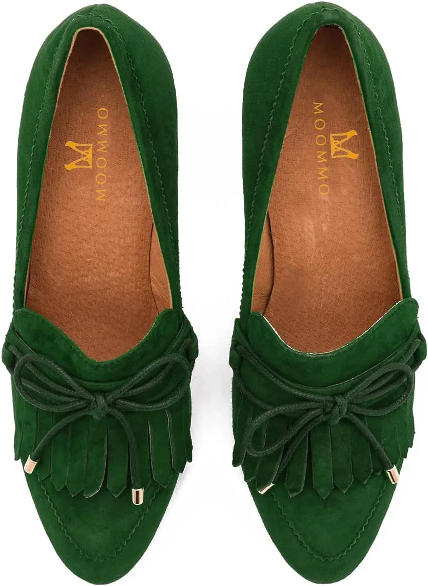 MOOMMO Women High Chunky Heel Loafers Bow & Fringe Pumps Closed Round Toe Slip On Tassel Loafers 3 Inch Block Heel Suede Oxford Shoes for Office Ladies Work Business Party Dress Shoes Spring 4-11 M US