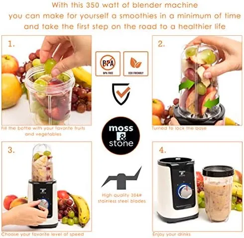 Moss & Stone 2 in 1 Personal Mini Blender with Additional Blender Cups, Amazing Bullet Blenders For Making Smoothie, White & Black Juice & Smoothie Maker