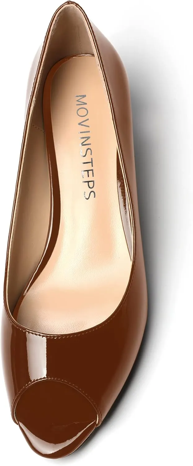 MOVINSTEPS Womens Dress Peep Toe Patent Open Toe Slip On Dating Kitten Low Heel Pumps Shoes 1.5 Inch