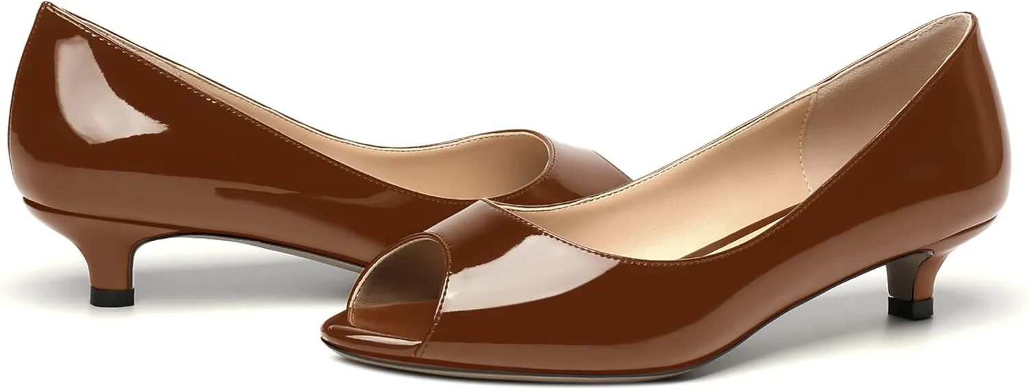 MOVINSTEPS Womens Dress Peep Toe Patent Open Toe Slip On Dating Kitten Low Heel Pumps Shoes 1.5 Inch