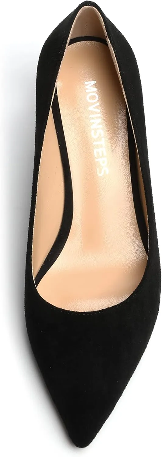 MOVINSTEPS Womens Pointed Toe Dress Slip On Work Wedge Low Heel Pumps Shoes 2 Inch