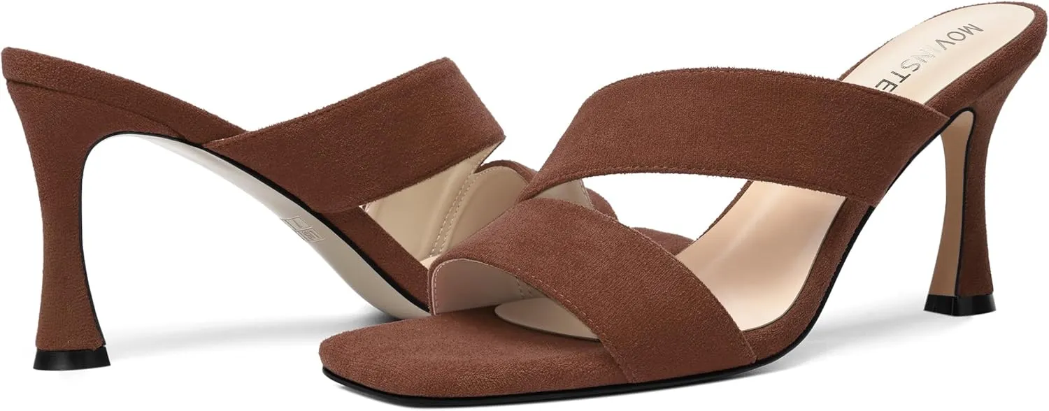 MOVINSTEPS Womens Solid Casual Slip On Suede Dating Square Toe Spool High Heel Heeled Sandals 3.3 Inch