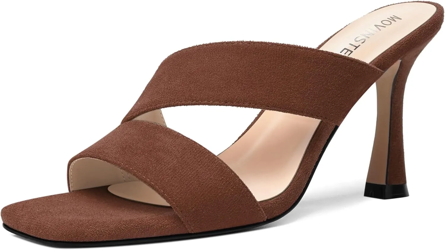 MOVINSTEPS Womens Solid Casual Slip On Suede Dating Square Toe Spool High Heel Heeled Sandals 3.3 Inch