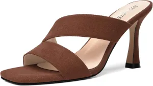 MOVINSTEPS Womens Solid Casual Slip On Suede Dating Square Toe Spool High Heel Heeled Sandals 3.3 Inch