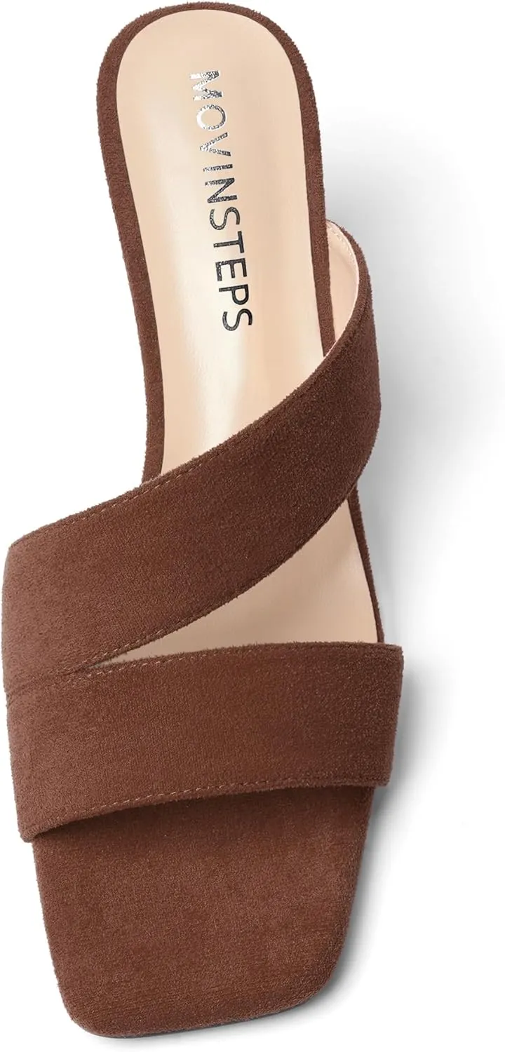 MOVINSTEPS Womens Solid Casual Slip On Suede Dating Square Toe Spool High Heel Heeled Sandals 3.3 Inch