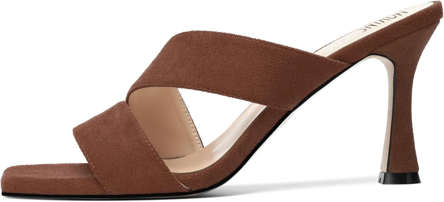 MOVINSTEPS Womens Solid Casual Slip On Suede Dating Square Toe Spool High Heel Heeled Sandals 3.3 Inch
