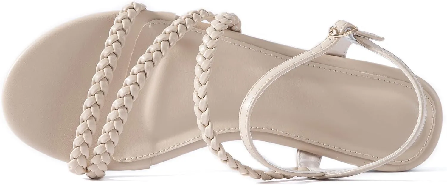 Mtzyoa Women Flat Sandals Dressy Strappy Gladiator Summer Ankle Strap Nude Open Toe Comfortable Wedding Casual Leather Ladies Party Trendy Vacation