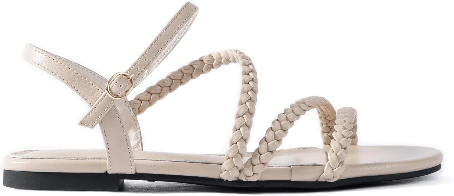Mtzyoa Women Flat Sandals Dressy Strappy Gladiator Summer Ankle Strap Nude Open Toe Comfortable Wedding Casual Leather Ladies Party Trendy Vacation