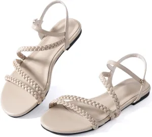 Mtzyoa Women Flat Sandals Dressy Strappy Gladiator Summer Ankle Strap Nude Open Toe Comfortable Wedding Casual Leather Ladies Party Trendy Vacation