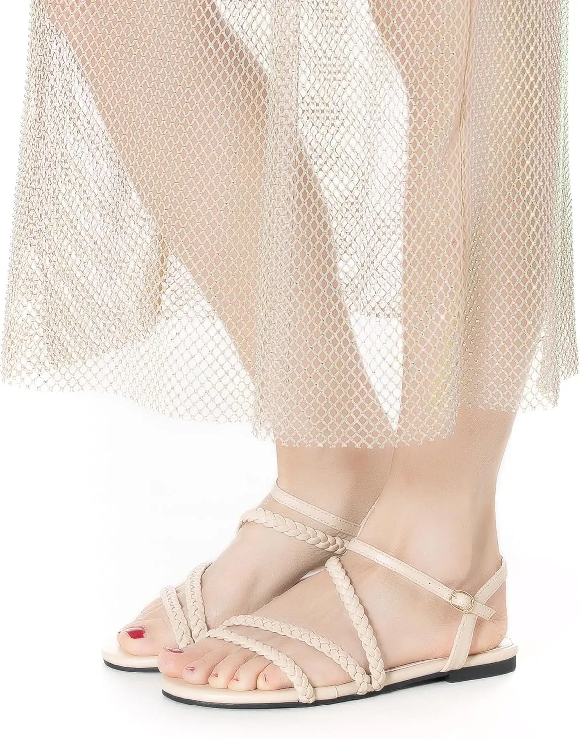Mtzyoa Women Flat Sandals Dressy Strappy Gladiator Summer Ankle Strap Nude Open Toe Comfortable Wedding Casual Leather Ladies Party Trendy Vacation