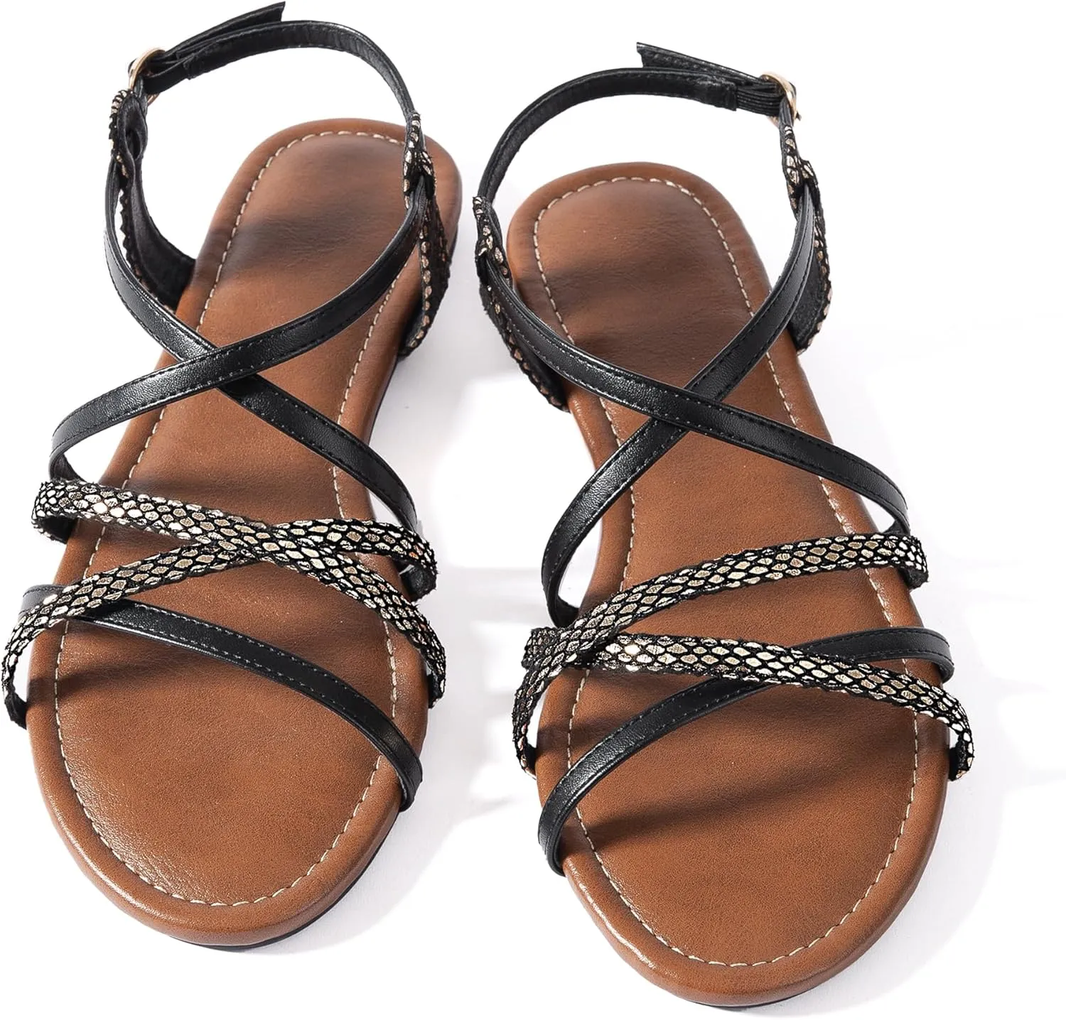 Mtzyoa Women Flat Sandals Summer Gladiator Adjustable Ankle Strappy Dressy Cross Vacation Comfort Cushioning Leather Non-Slip Casual Party Trendy
