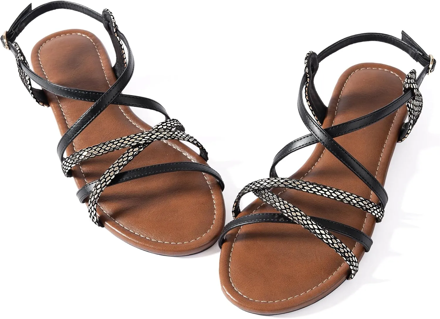 Mtzyoa Women Flat Sandals Summer Gladiator Adjustable Ankle Strappy Dressy Cross Vacation Comfort Cushioning Leather Non-Slip Casual Party Trendy