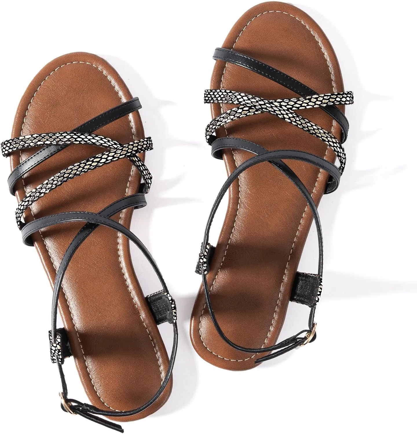 Mtzyoa Women Flat Sandals Summer Gladiator Adjustable Ankle Strappy Dressy Cross Vacation Comfort Cushioning Leather Non-Slip Casual Party Trendy