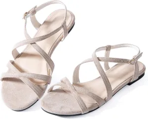 Mtzyoa Women Flat Sandals Summer Gladiator Adjustable Ankle Strappy Dressy Cross Vacation Comfort Cushioning Leather Non-Slip Casual Party Trendy