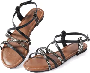 Mtzyoa Women Flat Sandals Summer Gladiator Adjustable Ankle Strappy Dressy Cross Vacation Comfort Cushioning Leather Non-Slip Casual Party Trendy