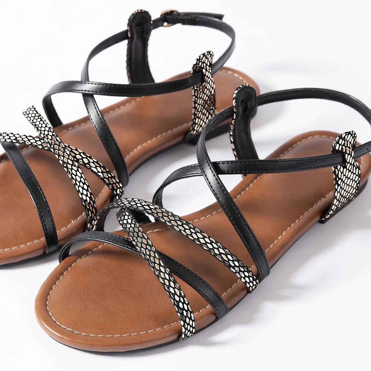 Mtzyoa Women Flat Sandals Summer Gladiator Adjustable Ankle Strappy Dressy Cross Vacation Comfort Cushioning Leather Non-Slip Casual Party Trendy