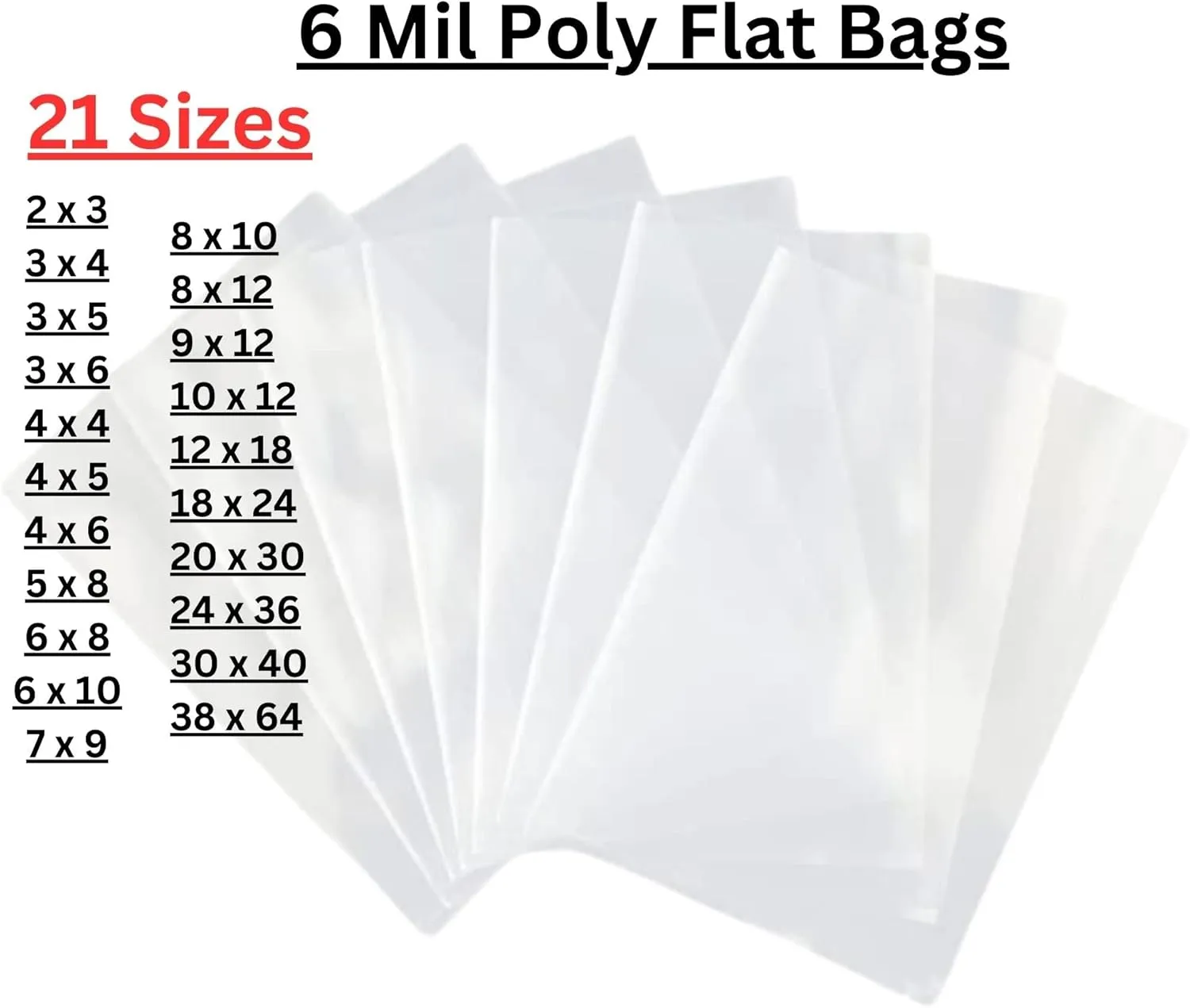 Multiple Sizes Clear Flat Poly Bags - 20 x 30 (50 Bags) 6Mil Flat Open Top Plastic Packaging Packing | Flexible and Durable Plastic Bags | Low-Density Polyethylene (LDPE)