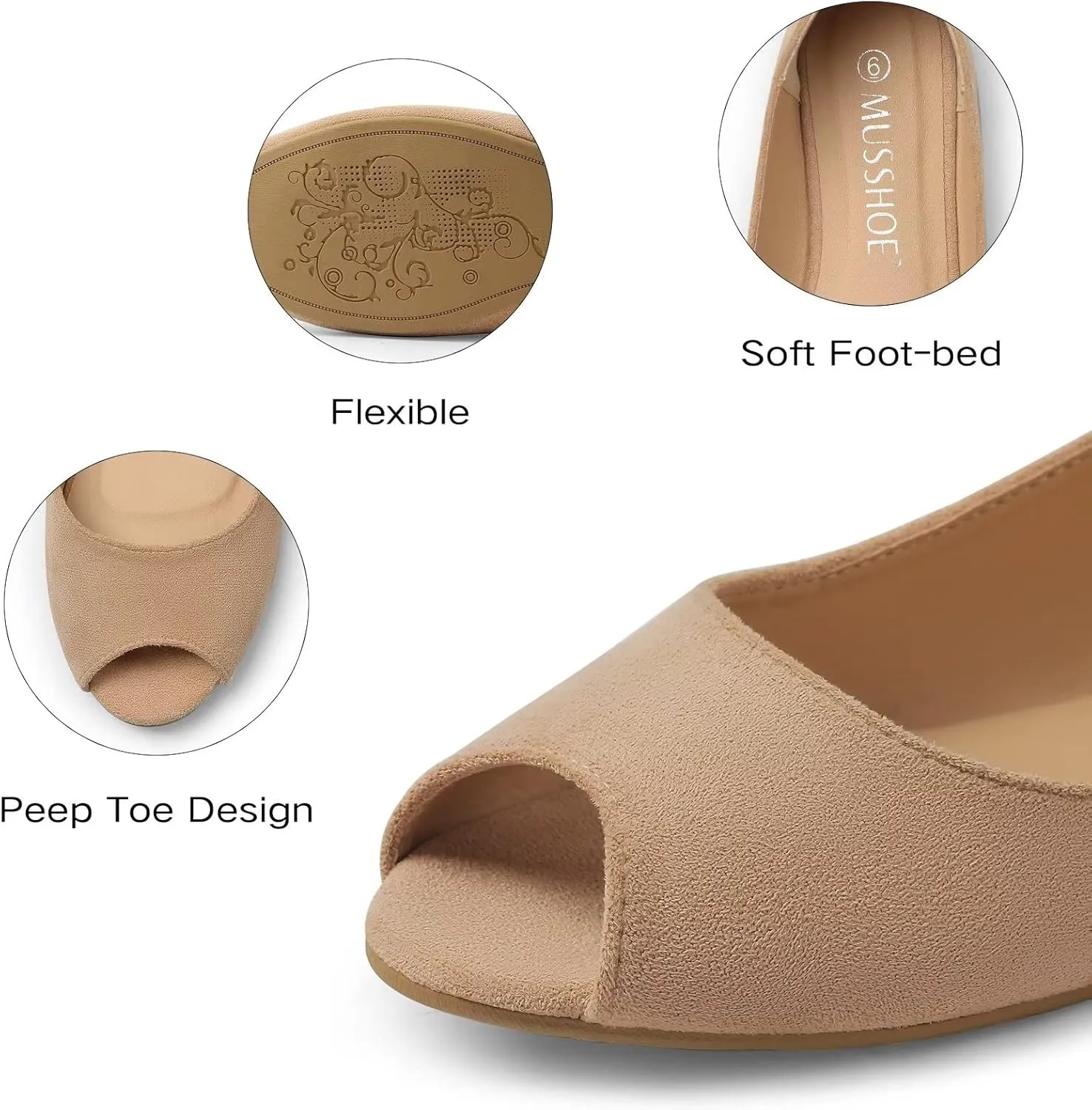 MUSSHOE Peep Toe Flat Shoes for Women