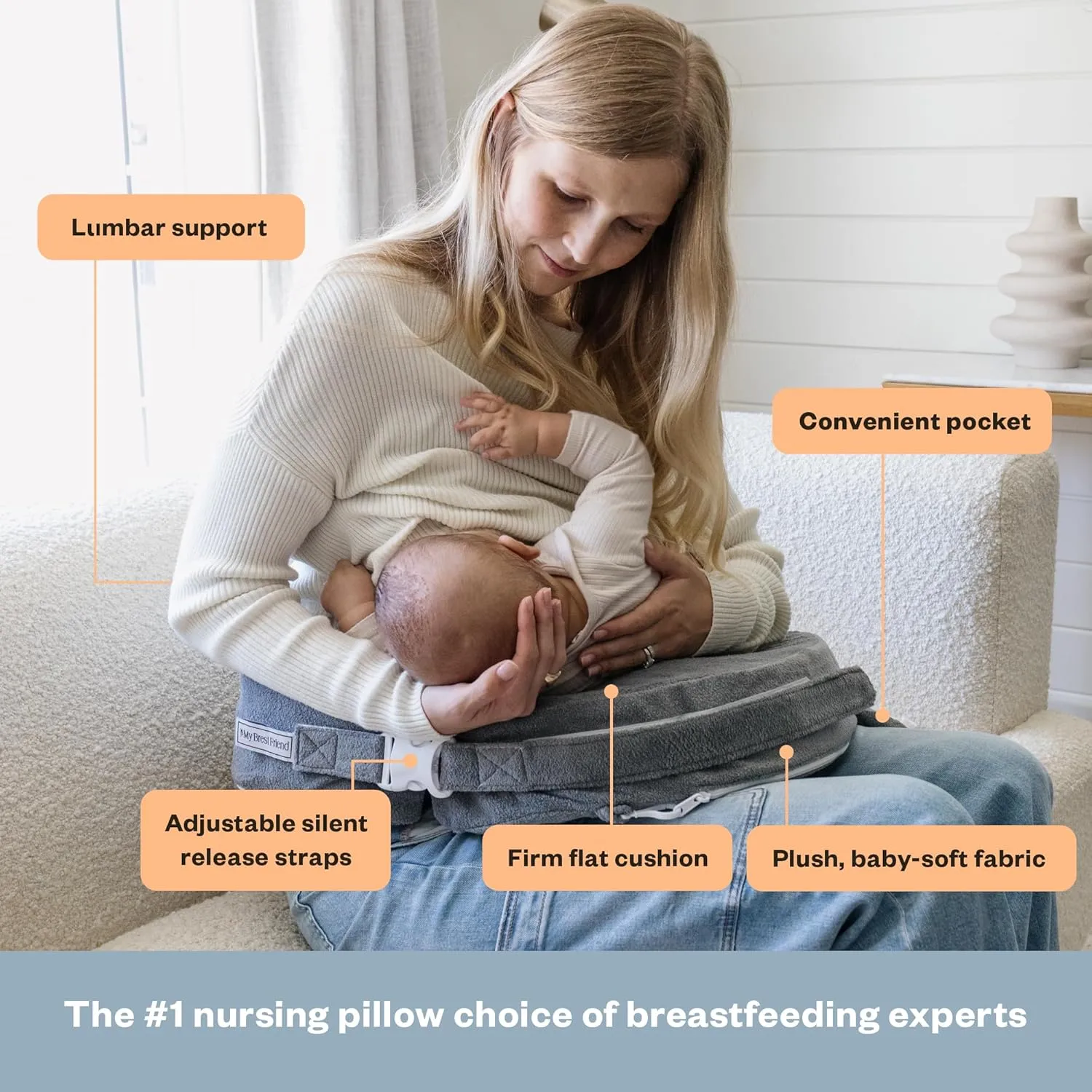 My Brest Friend Nursing Pillow - Deluxe - Enhanced Comfort w/ Slipcover - Ergonomic Breastfeeding Pillow For Ultimate Support For Mom & Baby - Adjustable Pillow W/ Handy Side Pocket, Evening Grey