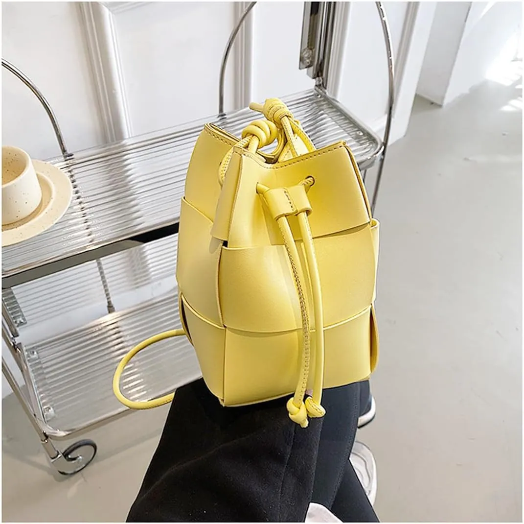MYSNKU Women's Mini Woven Bucket Bag, Square Lattice Drawstring Leather Small Hobo Handbag Crossbody Handbags Soft Adjustable (Yellow)
