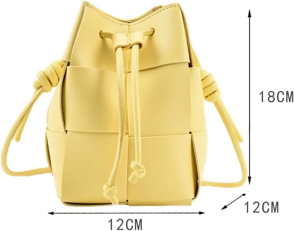 MYSNKU Women's Mini Woven Bucket Bag, Square Lattice Drawstring Leather Small Hobo Handbag Crossbody Handbags Soft Adjustable (Yellow)