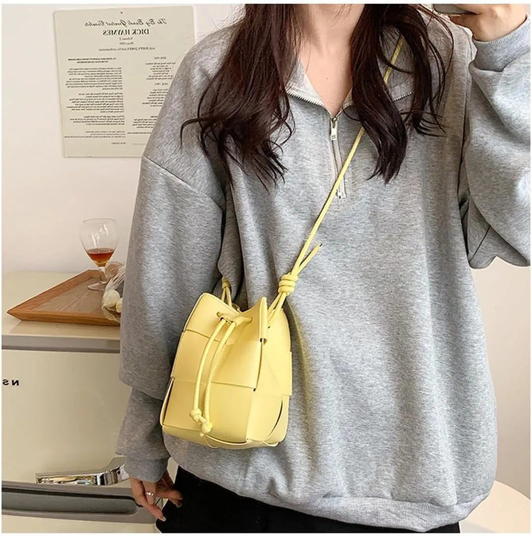 MYSNKU Women's Mini Woven Bucket Bag, Square Lattice Drawstring Leather Small Hobo Handbag Crossbody Handbags Soft Adjustable (Yellow)