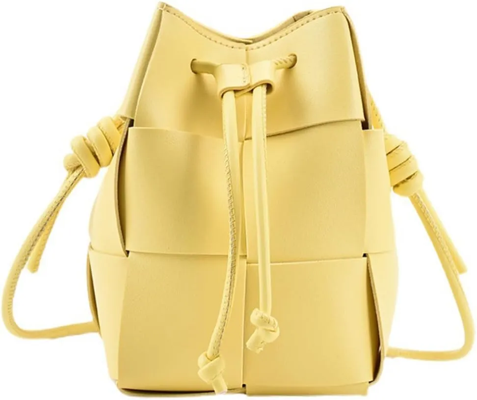 MYSNKU Women's Mini Woven Bucket Bag, Square Lattice Drawstring Leather Small Hobo Handbag Crossbody Handbags Soft Adjustable (Yellow)