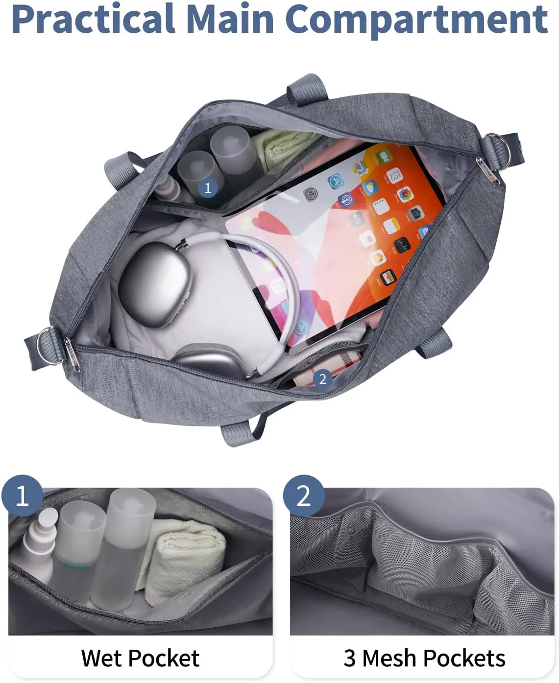 Narwey Carry on luaggage 22x14x9 Airlines Approved Foldable Carry on Bag Travel Duffel Packable Duffle with Wet Pocket Overnight for Women and Men 40L (Grey)