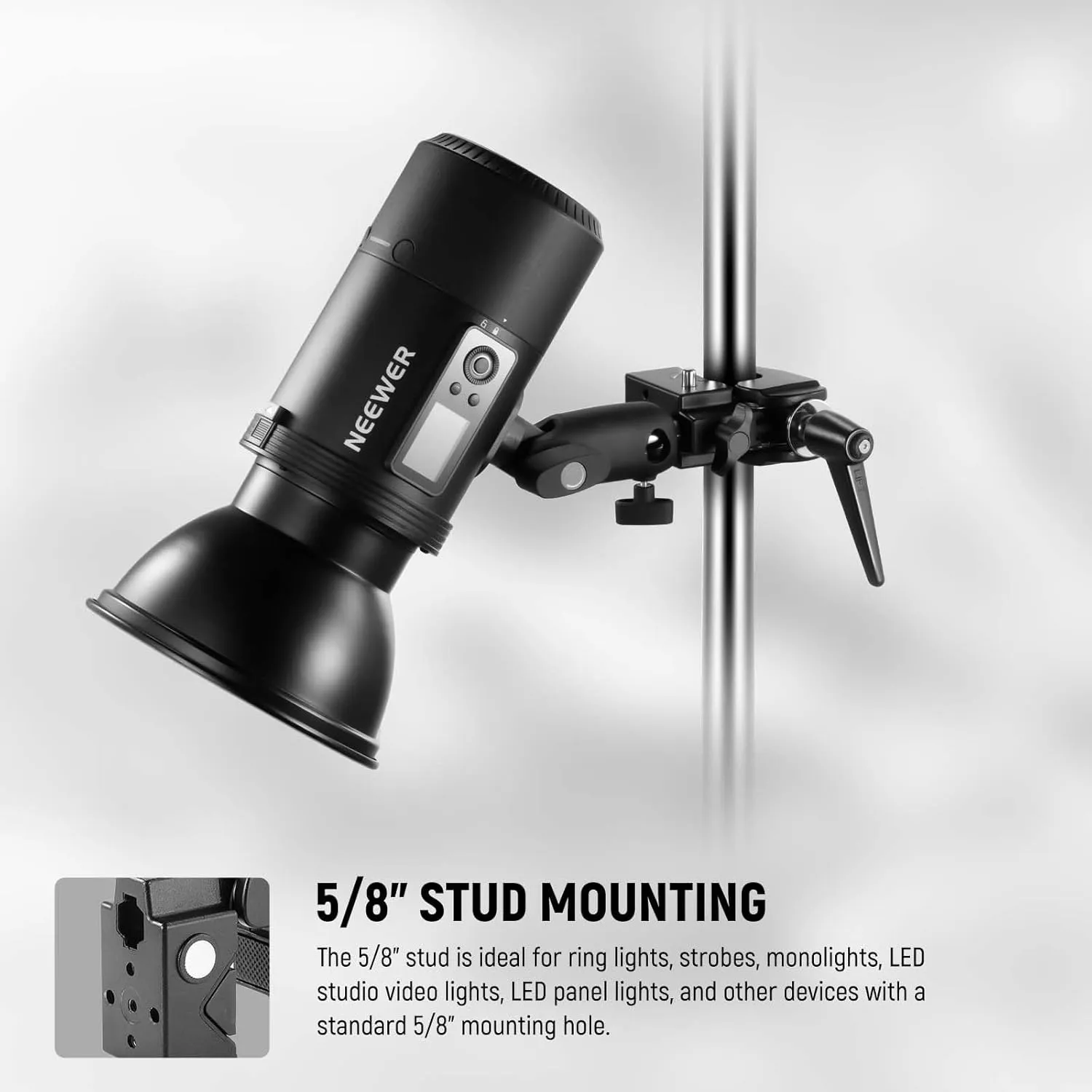 NEEWER 2 Pack Super Clamp with 5/8" Stud, Spring Lock, 2.4" Jaw Grip Heavy Duty Crab Pole Clamp for Round Pipe Flat Surface, for Photography Studio Camera Lighting Mounting, Max Load 33lb/15kg, UA017