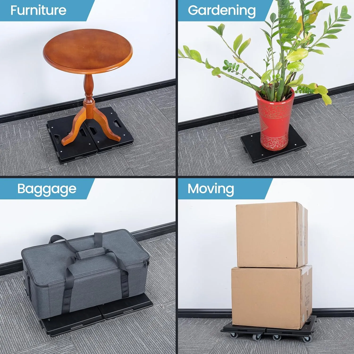 Nellyke Furniture Dolly, 4 Pack Dollies with Wheels,16'' X10'' Small Flat Dolly with 500LBS Large Capacity, Furniture Movers with Wheels Heavy Duty, Connectable and Portable, Black