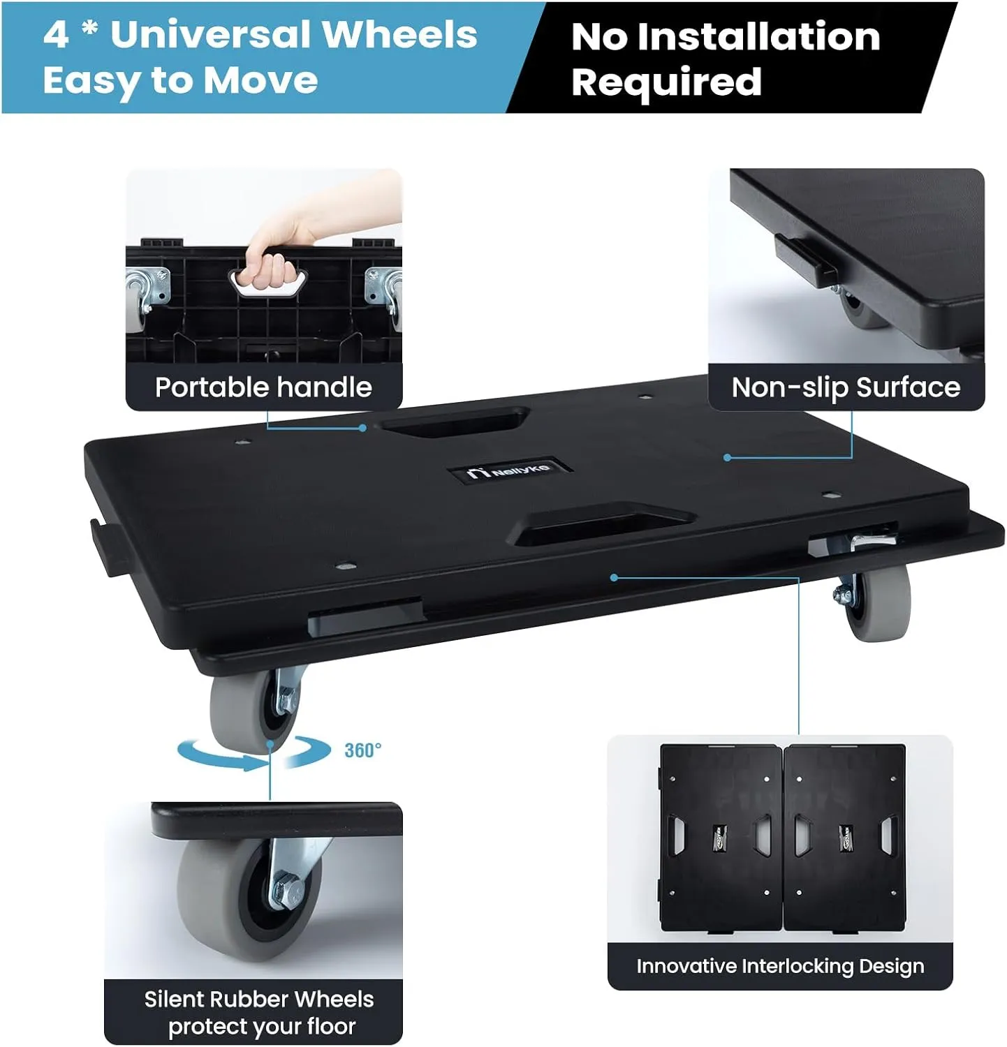 Nellyke Furniture Dolly, 4 Pack Dollies with Wheels,16'' X10'' Small Flat Dolly with 500LBS Large Capacity, Furniture Movers with Wheels Heavy Duty, Connectable and Portable, Black