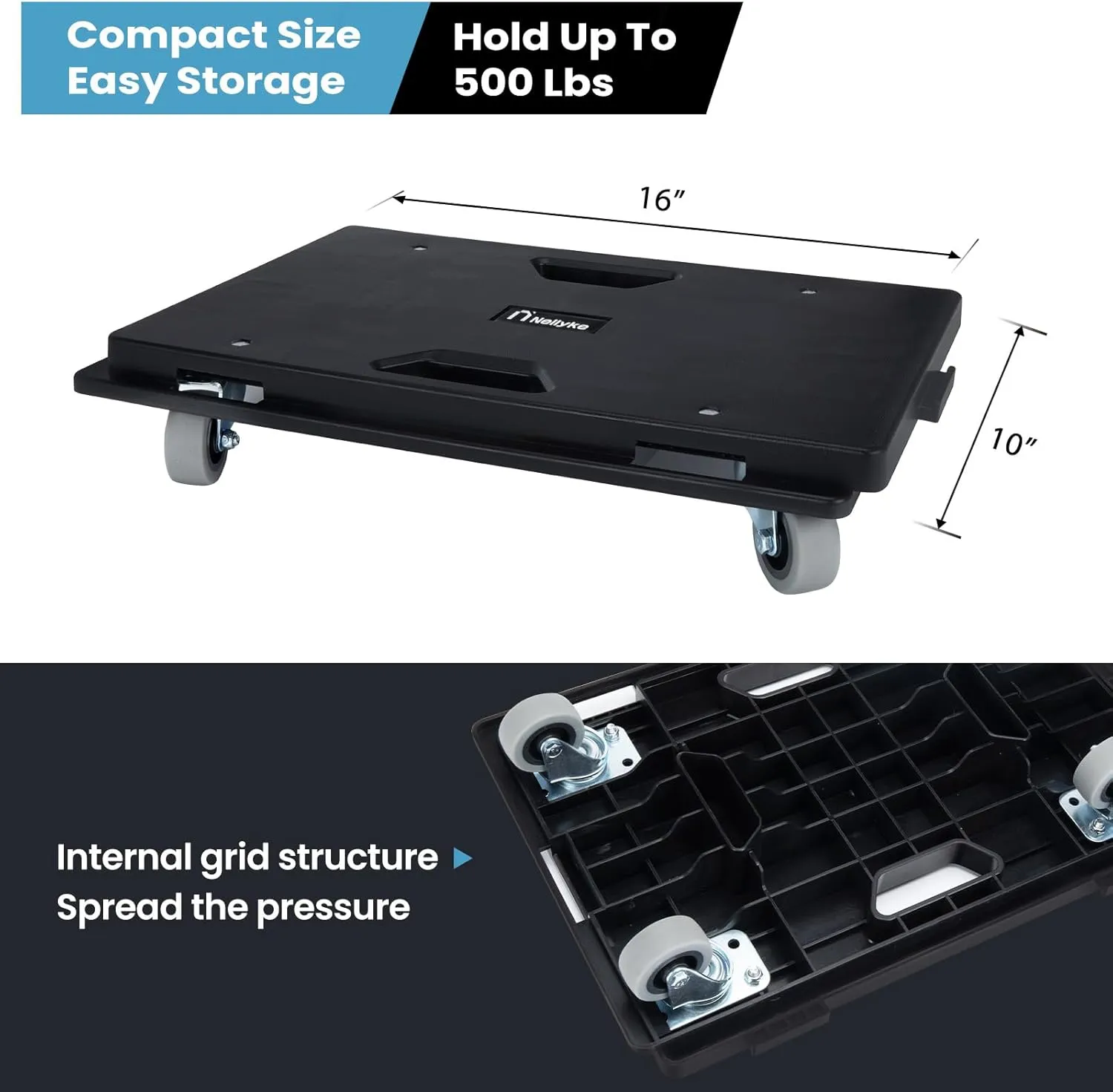 Nellyke Furniture Dolly, 4 Pack Dollies with Wheels,16'' X10'' Small Flat Dolly with 500LBS Large Capacity, Furniture Movers with Wheels Heavy Duty, Connectable and Portable, Black