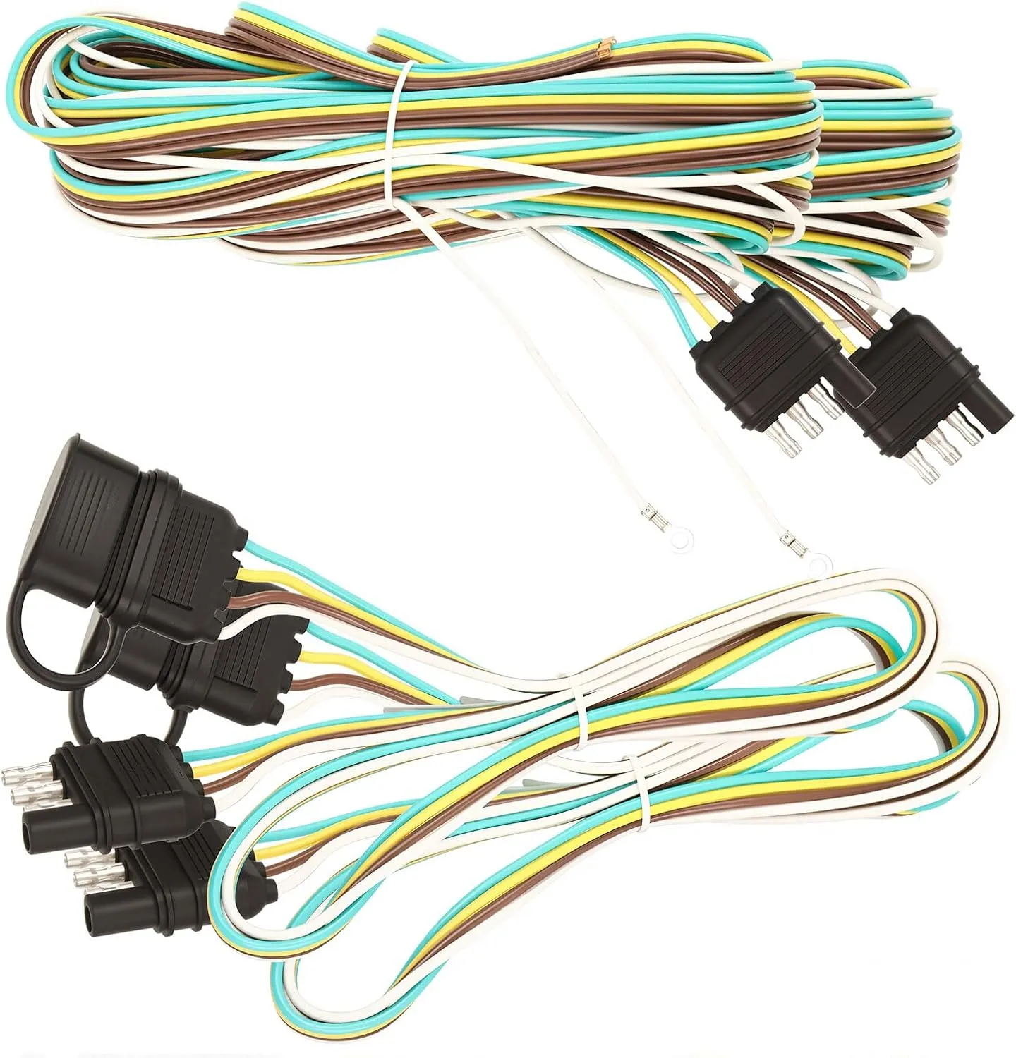 NEWSUN® 2 Sets 29FT 8.8M Extra Long Trailer Wiring Harness Kit, 4 Pin Flat 4 Way 2*25 FT Male Plug  2*4FT Extension Wire with Plug Cap, Waterproof, for Trailer, Rvs, Truck, Pick-up Lighting Assemble