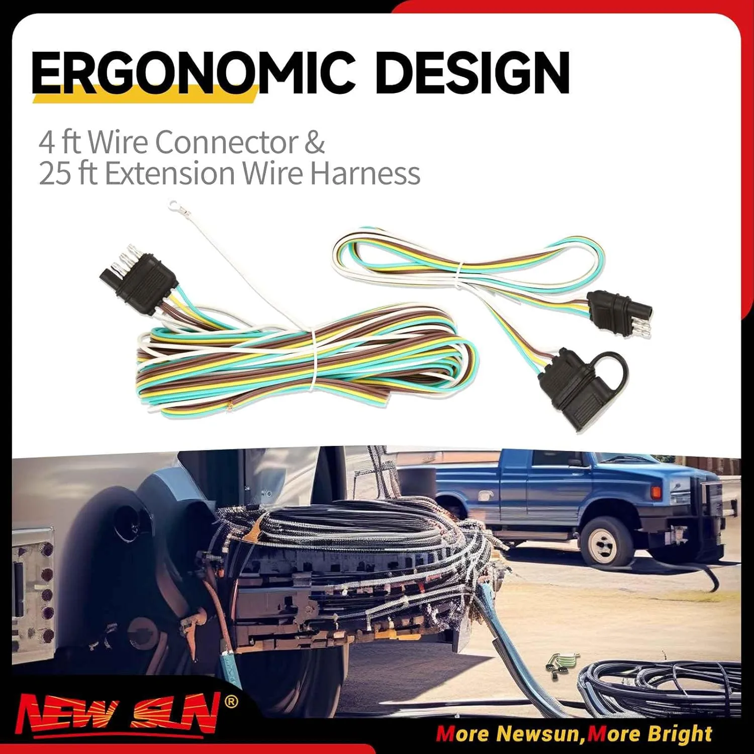 NEWSUN® 2 Sets 29FT 8.8M Extra Long Trailer Wiring Harness Kit, 4 Pin Flat 4 Way 2*25 FT Male Plug  2*4FT Extension Wire with Plug Cap, Waterproof, for Trailer, Rvs, Truck, Pick-up Lighting Assemble