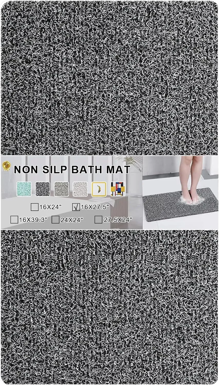 Nonslip Bathtub Mat, Anti Slip Bath Mat 0.6" Extra Thick, Quick Dry Bath Tub Anti Slip Shower Mat, Loofah Non-Slip Bath Mat for Tub Bathroom Pool Kitchen Entryway Home Hotel(Black 16x27)