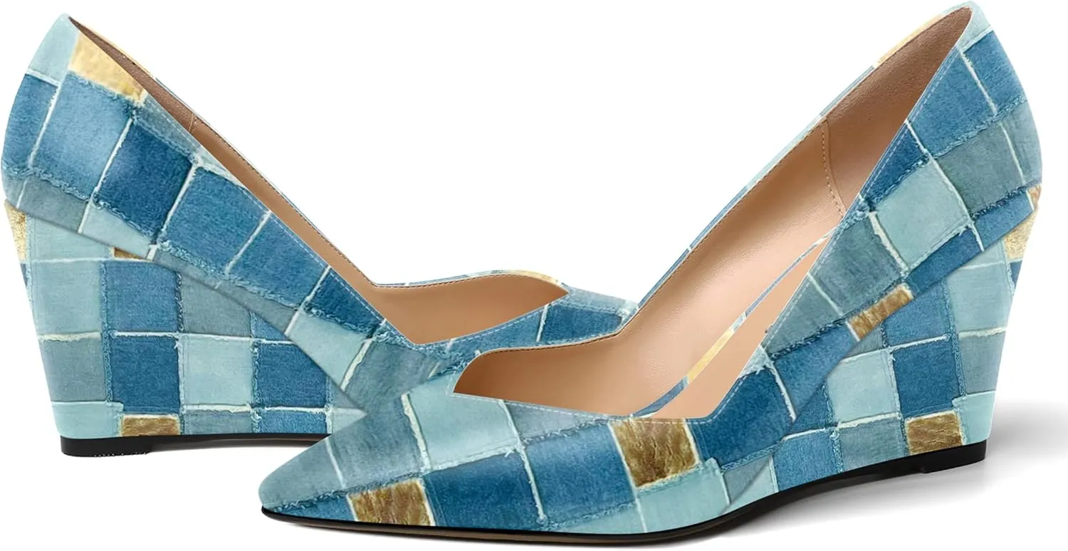 NUMALEO Womens Patent Slip On Casual Solid Pointed Toe Office Wedge High Heel Pumps Shoes 3.3 Inch