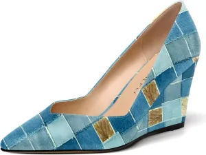 NUMALEO Womens Patent Slip On Casual Solid Pointed Toe Office Wedge High Heel Pumps Shoes 3.3 Inch
