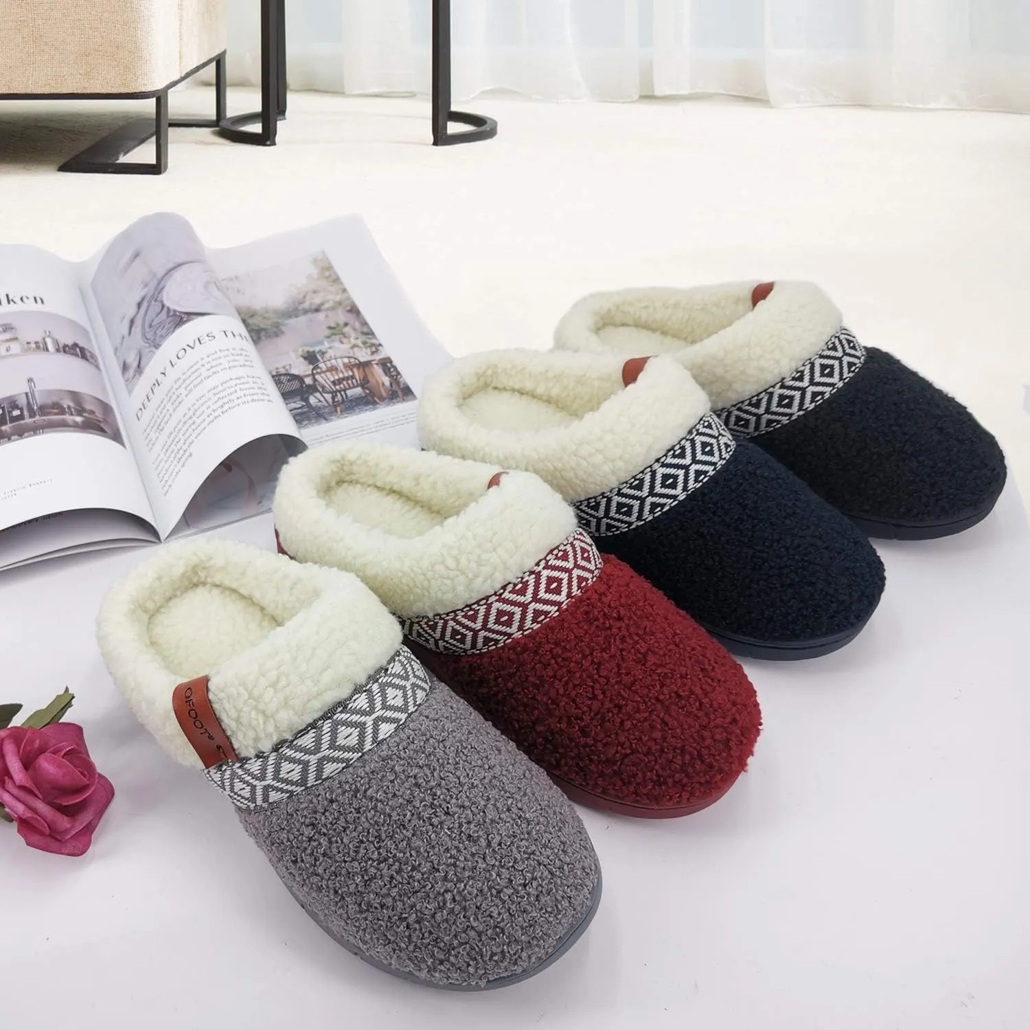 ofoot Womens Winter Warm Cozy House Fur Slippers Slip On Bedroom Shoes Memory Foam Lamb Wool Fleece Lining Indoor Ourdoor Non Skid Rubber Hard Soles