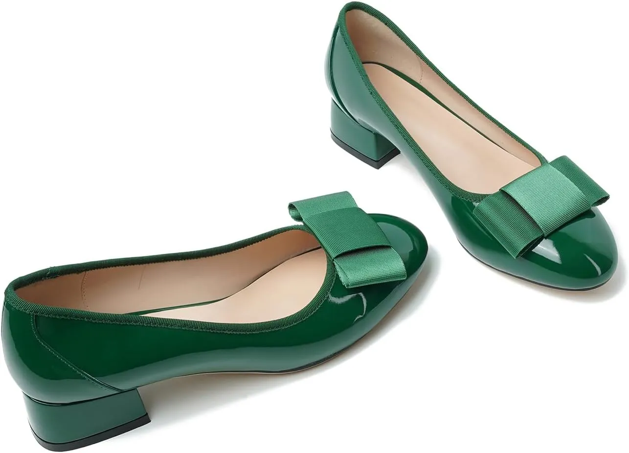 olomisa Women's Pumps, Round Closed Toe Dressy Shoes, Bow Chunky Heel Patent Leather Slip On Pumps