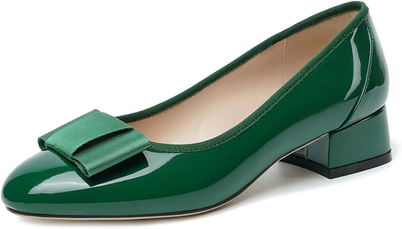 olomisa Women's Pumps, Round Closed Toe Dressy Shoes, Bow Chunky Heel Patent Leather Slip On Pumps