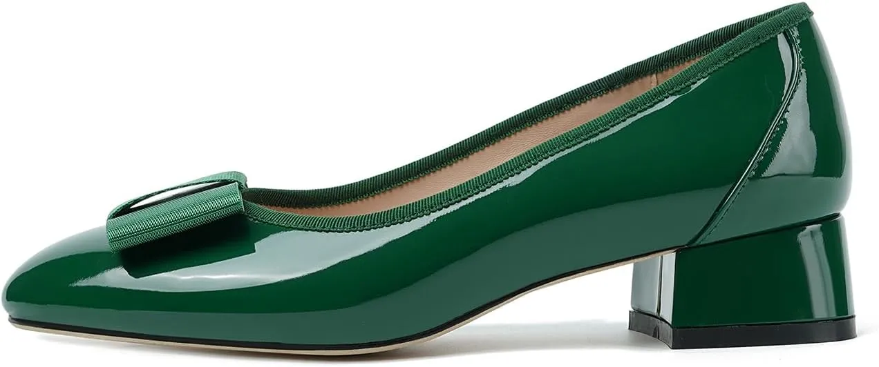 olomisa Women's Pumps, Round Closed Toe Dressy Shoes, Bow Chunky Heel Patent Leather Slip On Pumps
