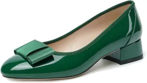 olomisa Women's Pumps, Round Closed Toe Dressy Shoes, Bow Chunky Heel Patent Leather Slip On Pumps