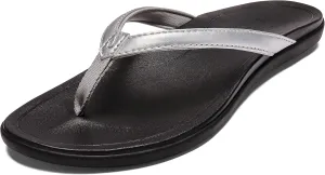 OLUKAI Ho'opio Leather Women's Beach Sandals, Full-Grain Leather Flip-Flop Slides, Modern Low Profile Design & Comfortable Fit